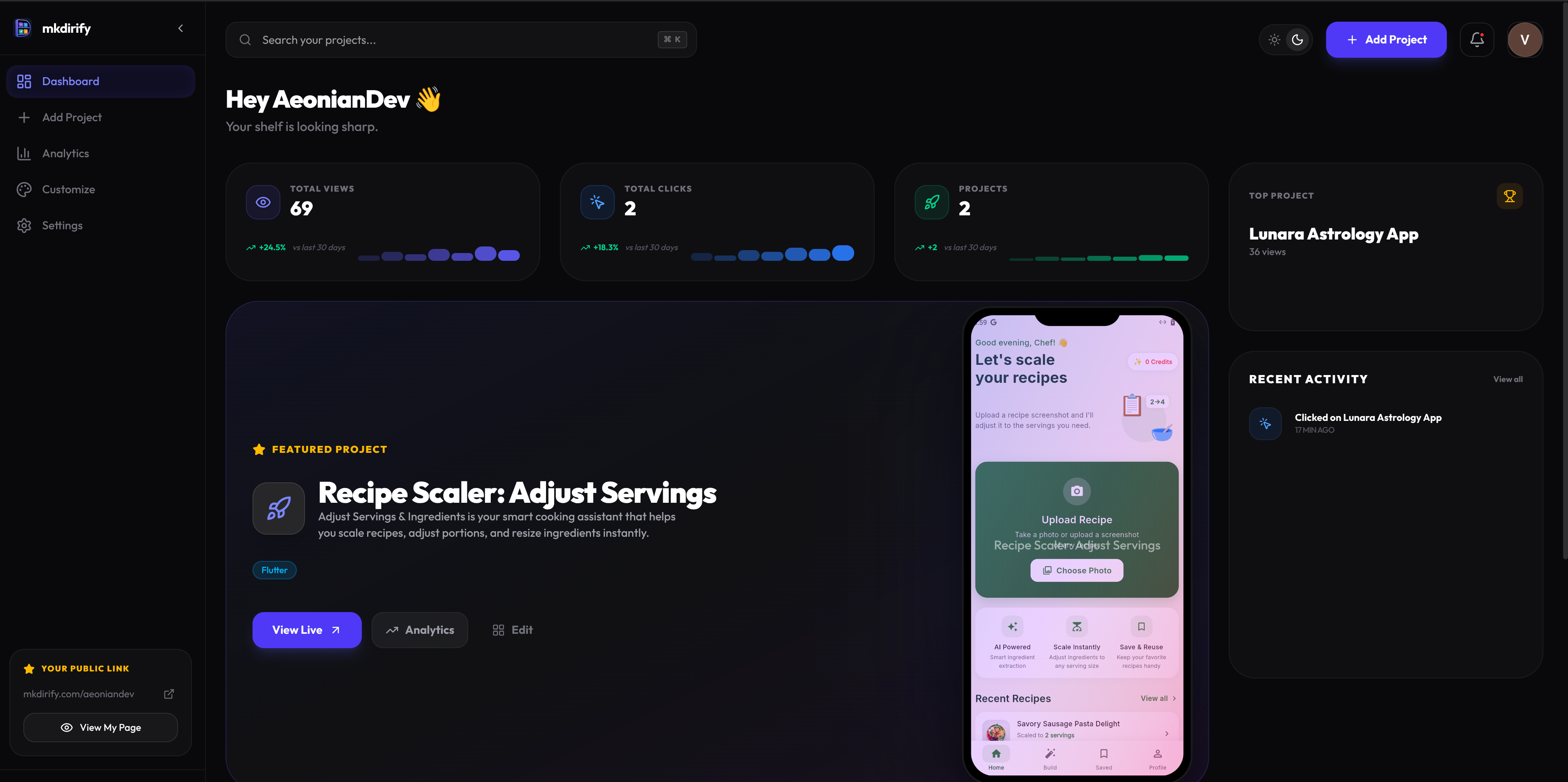 mkdirify developer dashboard project showcase mockup